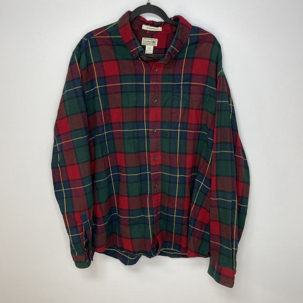 LL Bean Shirt Men XL Red Button Up Royal‎ Stewart Tartan Flannel Scotch Plaid